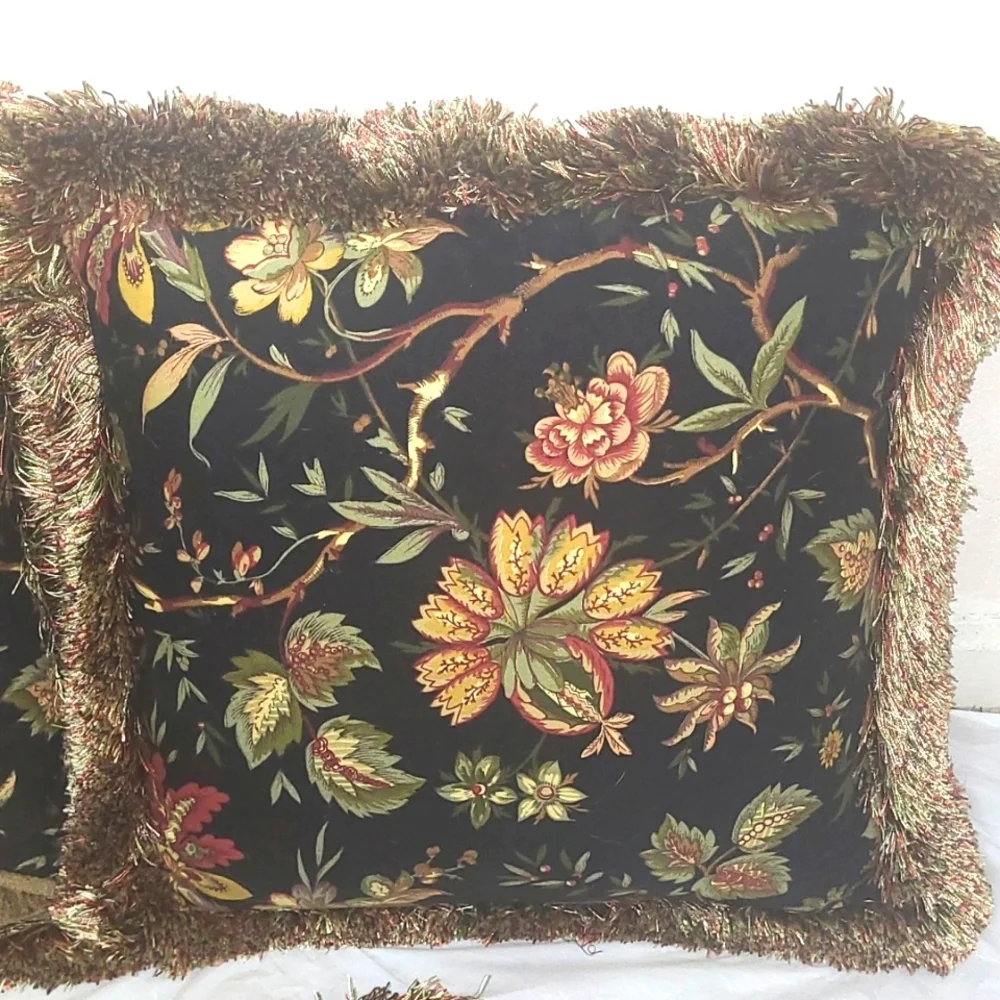 3 Matching Accent Throw Pillows Fringed Black w Floral Print 17